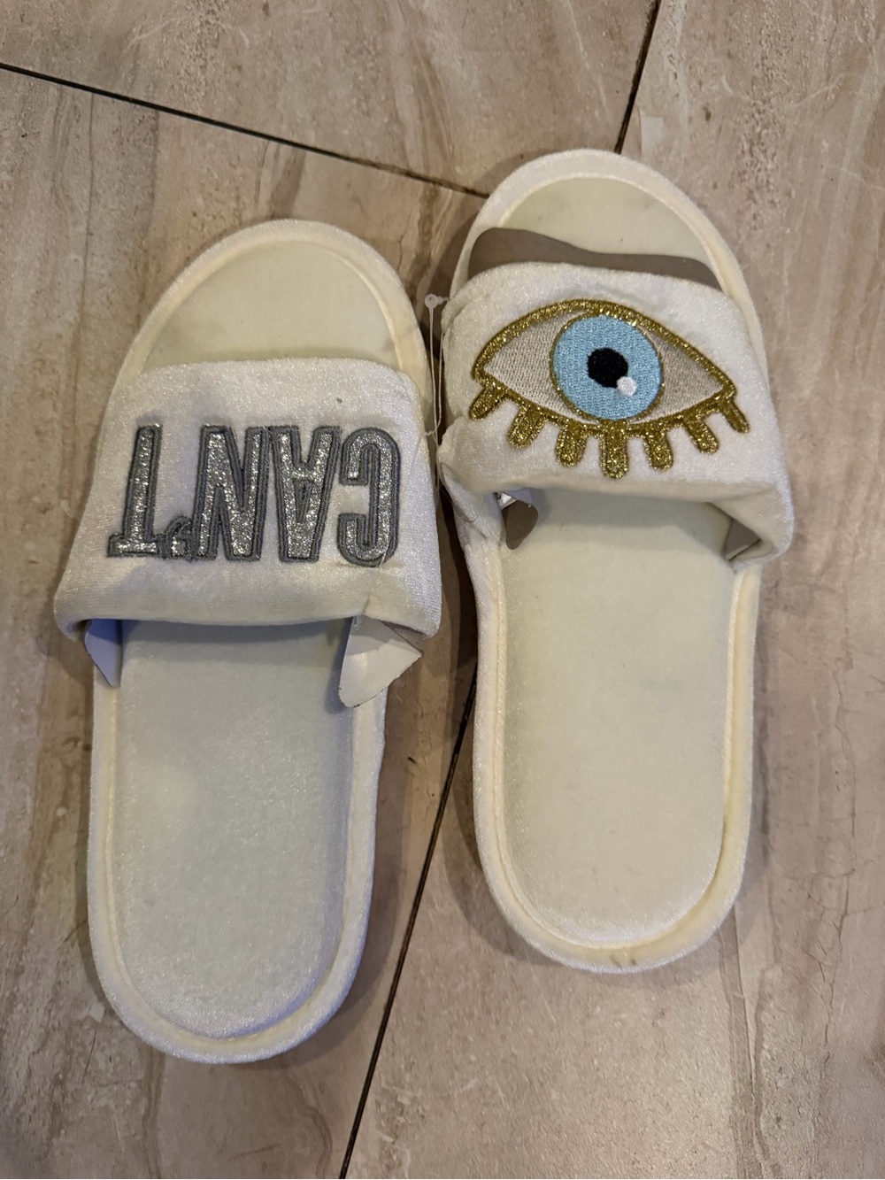 Pj Couture White Plush Slide Slippers with Tan Footbed
